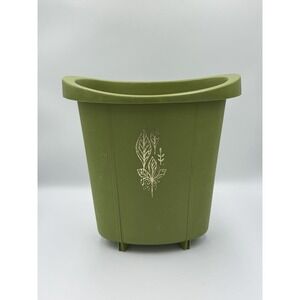 Vintage 1960s-1970s Avocado Green Footed Plastic Waste Basket Leaf Design